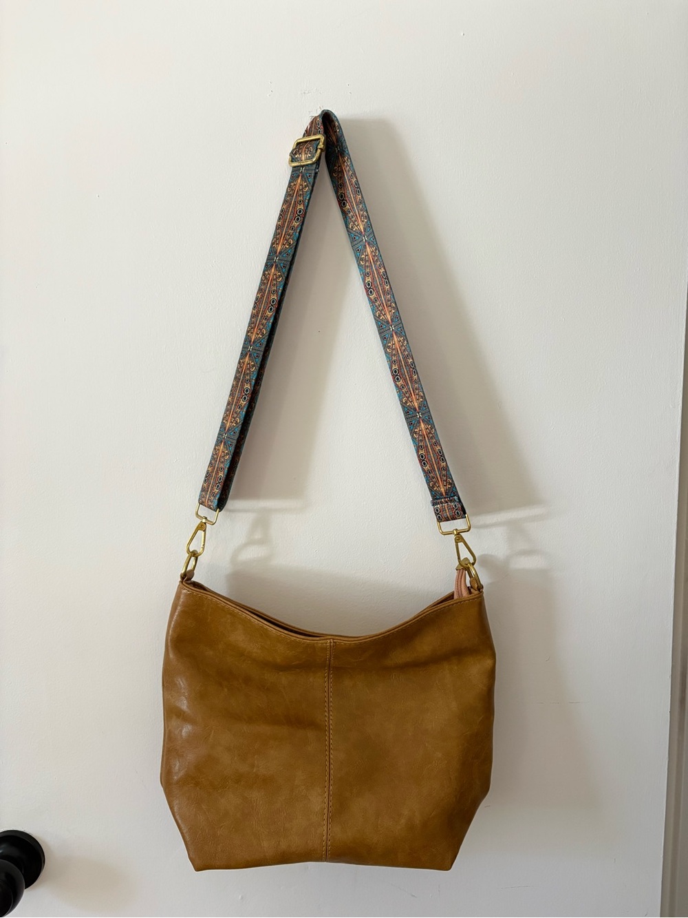 Tan Vegan Leather Shoulder Hobo with Patterned Adjustable Strap